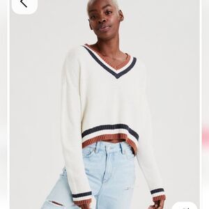 American Eagle Outfitters Cream V-Neck Cropped Sweater Stripes Size XS